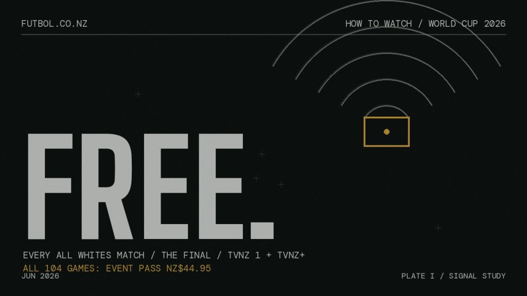 Dark editorial cover with the word FREE, broadcast signal arcs and a gold TV screen: how to watch the World Cup 2026 in New Zealand